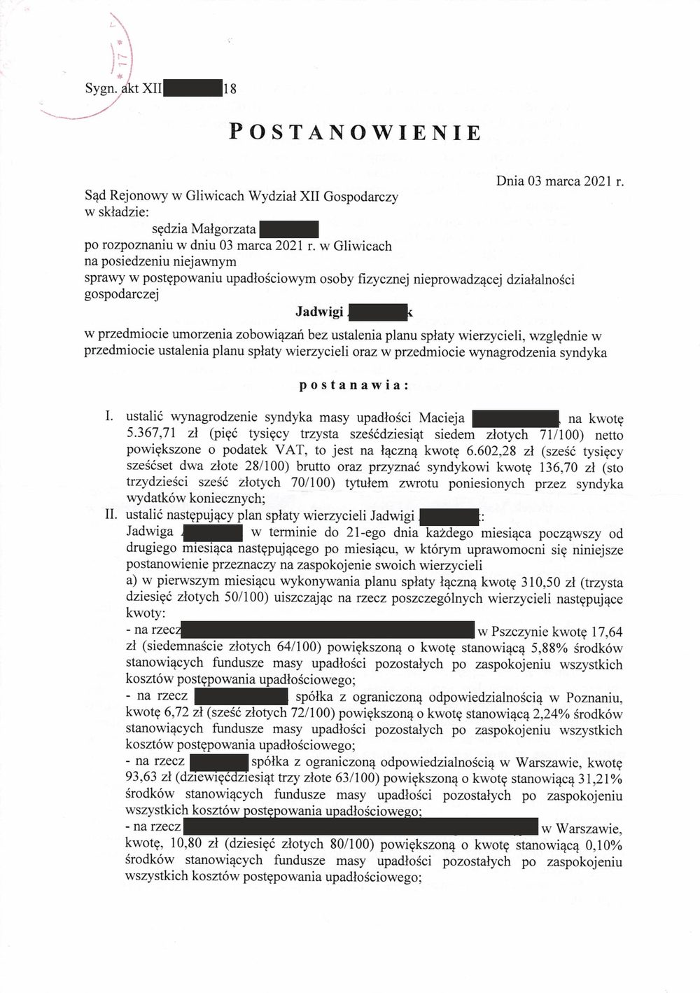 Postanowienie sądu o ogłoszeniu upadłości 1